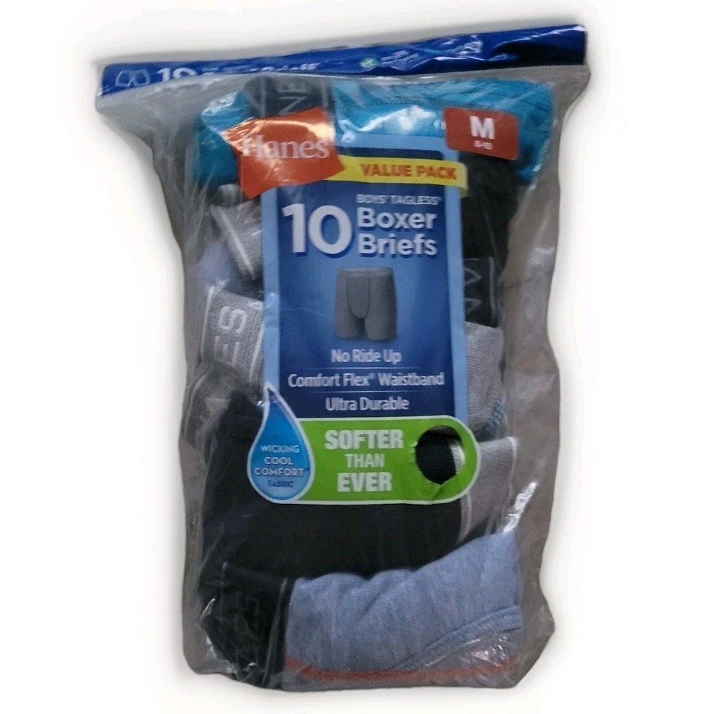 Hanes Boxer‎ Briefs Boys Medium (8-10) 10 Pairs 100% Cotton Assorted